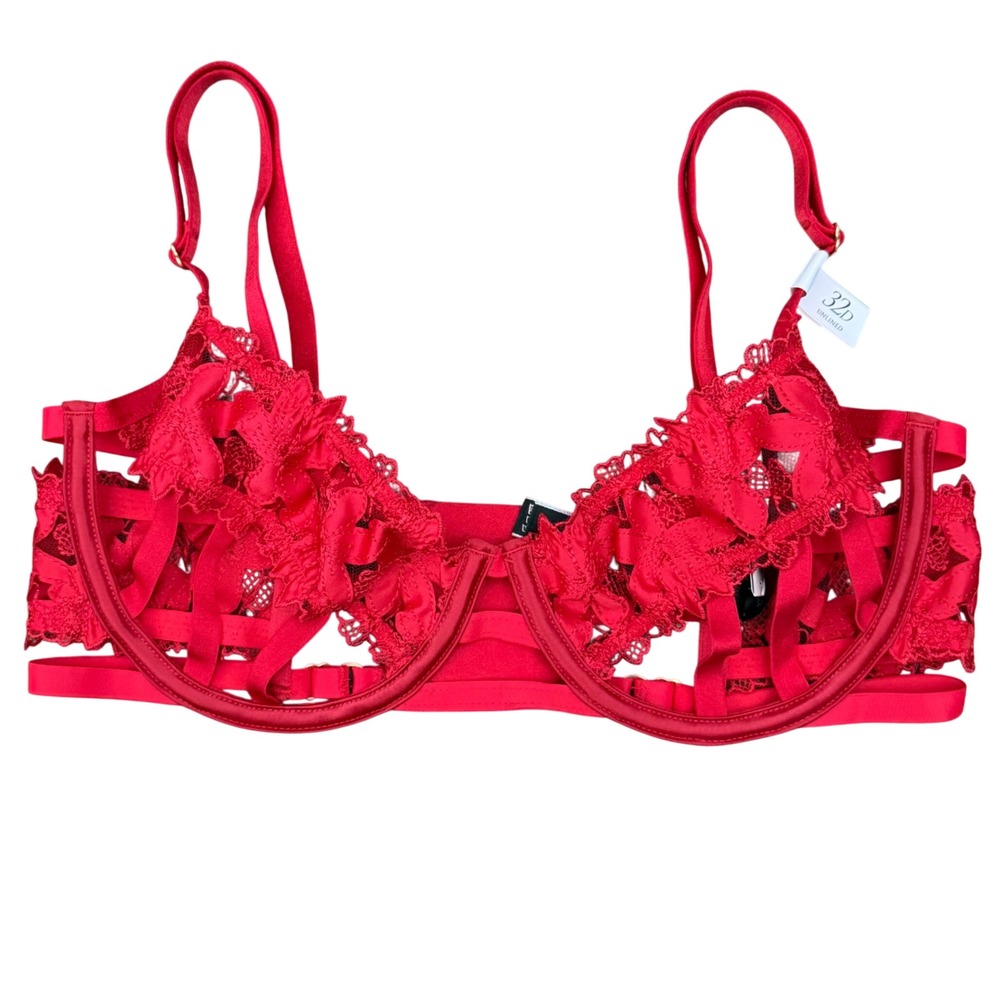 Victoria's Secret Red Floral Lace Strappy Unlined‎ Balconette Bra 32D NWT
